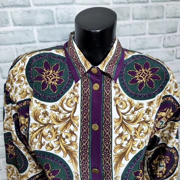 Vintage 80s 90s Thats Me! Womens S/M Multi Ornate Filigree Long Sleeve Button Up - Picture 3 of 8